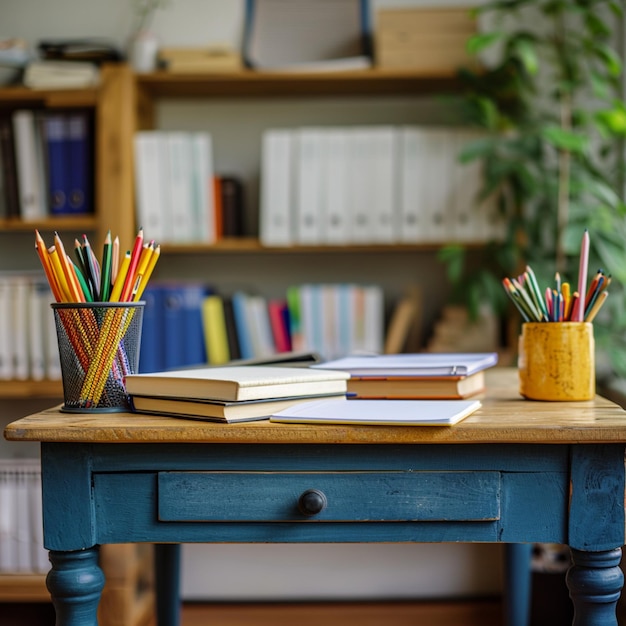 Escritorio escolar con espacio de estudio con artículos de papelería y libros cuidadosamente ordenados para el tamaño de publicación en redes sociales