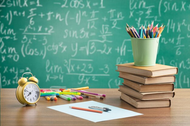 Un escritorio escolar relleno con una pizarra verde en el fondo lleno de números de cálculo