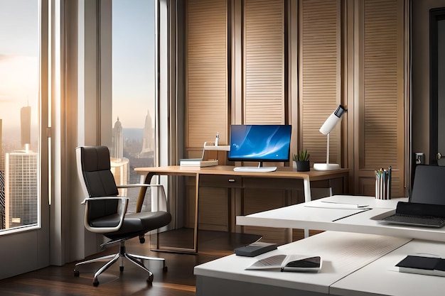 Un escritorio con un escritorio blanco y una silla negra con un escritorio blanco y una gran ventana con vista a la ciudad.