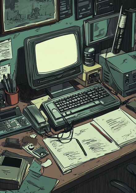 Escritorio de estilo retro con computadora y ilustraciones 3D de papelería