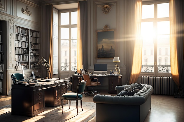 Escritório francês atmosférico com interior encantador e aconchegante à luz da manhã, íntimo nostálgico, elegante parisiense Generative AI