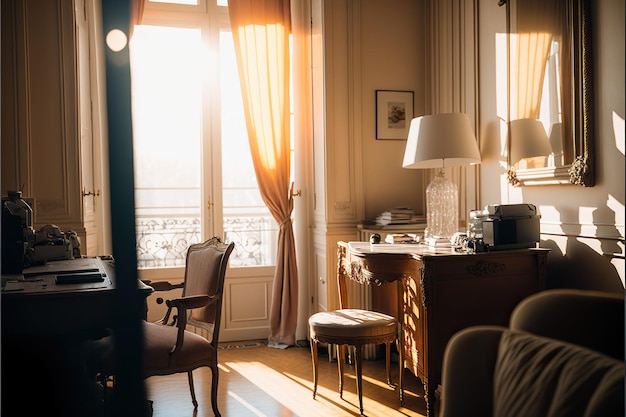 Escritório francês atmosférico com interior encantador e aconchegante à luz da manhã, íntimo nostálgico, elegante parisiense Generative AI