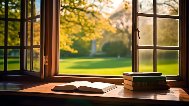 Un escritorio frente a una ventana con libros a su alrededor.