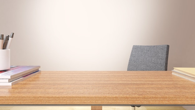 Escritorio de grano de madera sobre un fondo marrón claro con una silla de oficina y libros, maqueta, renderizado 3d