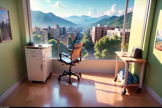 Un escritorio en una habitación con vista a una montaña.