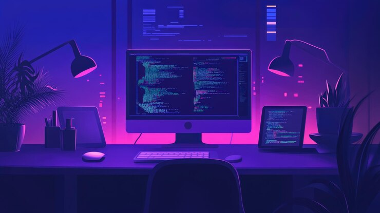 Foto un escritorio de hackers con luces de neón