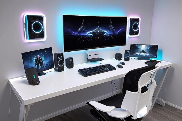 Escritorio de iluminación RGB con tema blanco y pared blanca en blanco para efectos ambientales personalizables