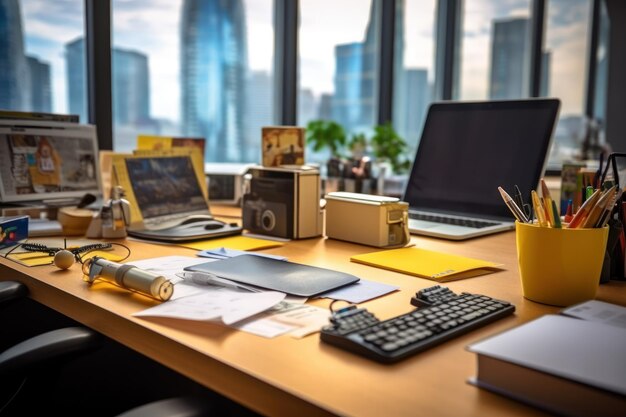 Un escritorio con un keyboard, un keyboard, una taza y un keyboard.