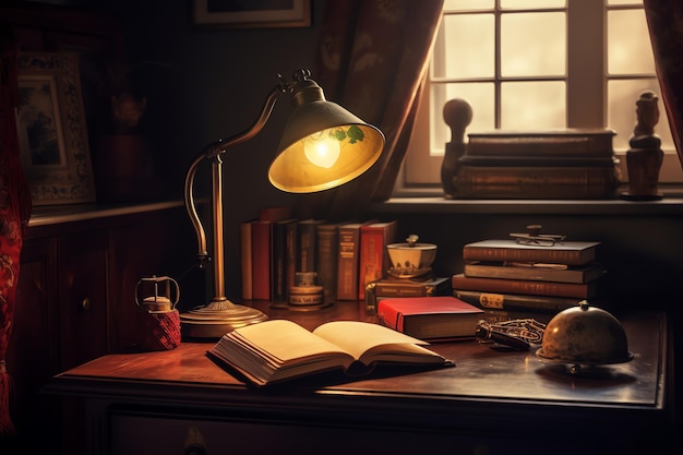 Un escritorio con una lámpara y un libro encima.