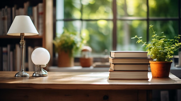 Un escritorio con una lámpara libros una planta y un globo en él