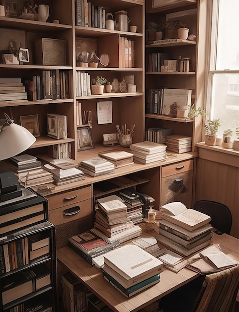 un escritorio con libros uno de los cuales es un estante con una ventana en el fondo