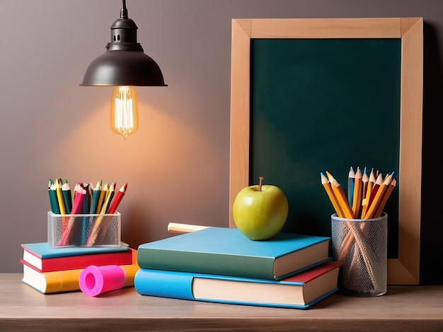 un escritorio con libros una lámpara una lámpara y un libro con lápices y lápices
