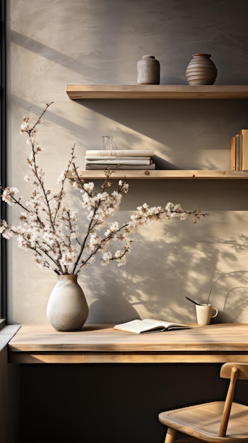 Un escritorio de madera con un jarrón de flores y un libro en él