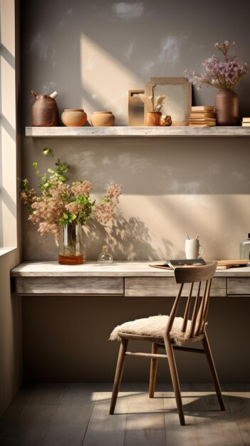 Un escritorio de madera con un jarrón de flores y una silla delante de él