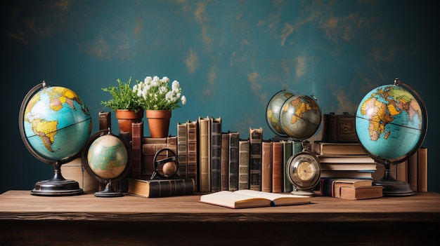 Escritorio de madera con libros abiertos y globo para papel tapiz