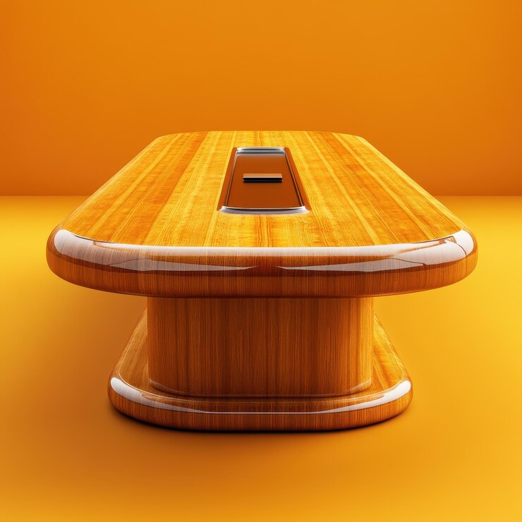 Foto escritorio de madera minimalista con dispositivo electrónico en orange studio