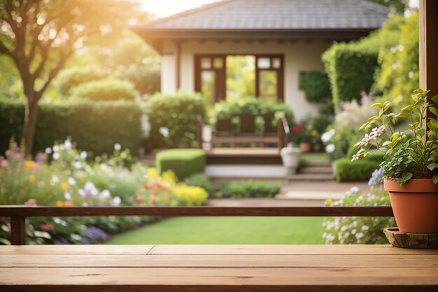 un escritorio de madera en la parte delantera de la casa con vista borrosa del jardín con fondo texturizado