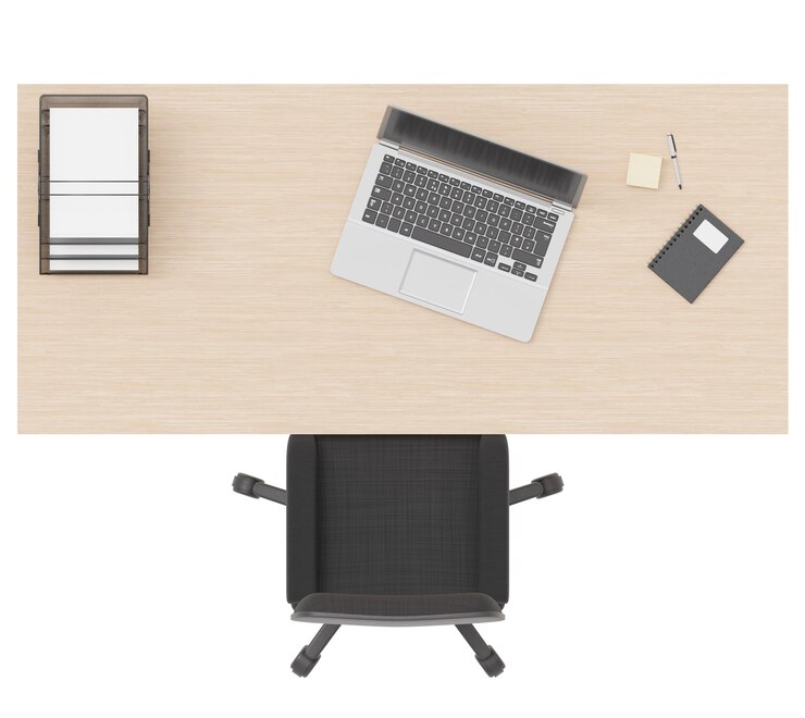 Foto escritorio de madera con silla de oficina aislada sobre fondo blanco muebles cortados estilo minimalista contemporáneo elemento de la planta de la vista superior renderización estética 3d del espacio de trabajo moderno