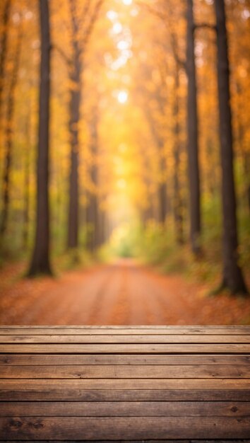 escritorio de madera vacío con fondo borroso de bosque de otoño