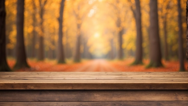 escritorio de madera vacío con fondo borroso de bosque de otoño