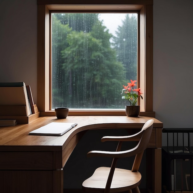 Foto escritorio de madera y ventana de gotas de lluvia