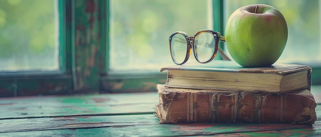 El escritorio del maestro con una pila de libros, manzanas y vasos en un aula vacía temprano en la mañana.