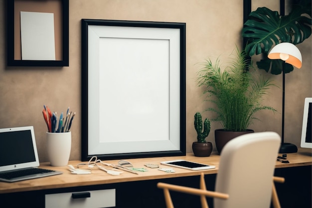 Un escritorio con un marco encima y una planta en la pared detrás.