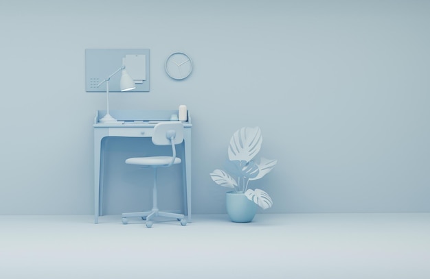 Escritorio de mesa de oficina mínimo monocromático azul pastel. Concepto de idea mínima para mesa de estudio, reloj, planta