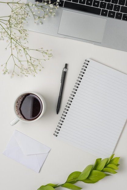 Escritorio de mesa de oficina con vista superior plana Espacio de trabajo con portapapeles en blanco suministros de oficina para computadora portátil lápiz hoja verde y taza de café sobre fondo blanco