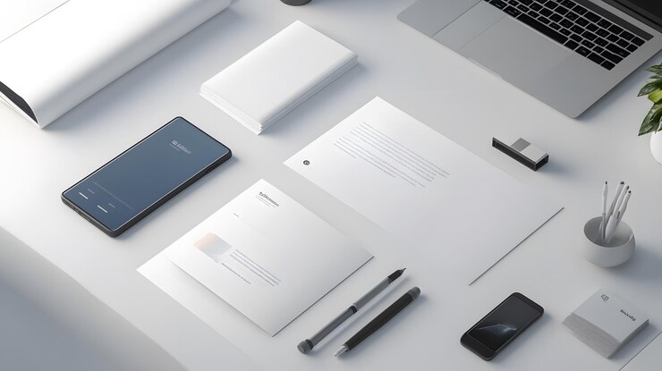 Escritorio minimalista con teléfono fijo y portátil