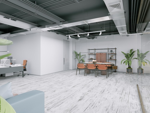 Escritório moderno com espaço aberto e área de reunião com renderização em 3d de móveis laranja