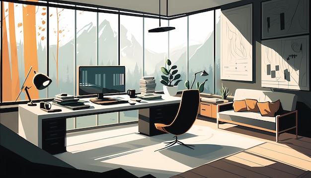 Escritório moderno com ilustração de arte digital de mobiliário minimalista IA generativa
