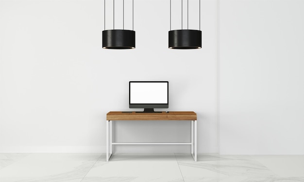 Foto escritorio moderno en maqueta de estudio limpia y luminosa con pared de diseño