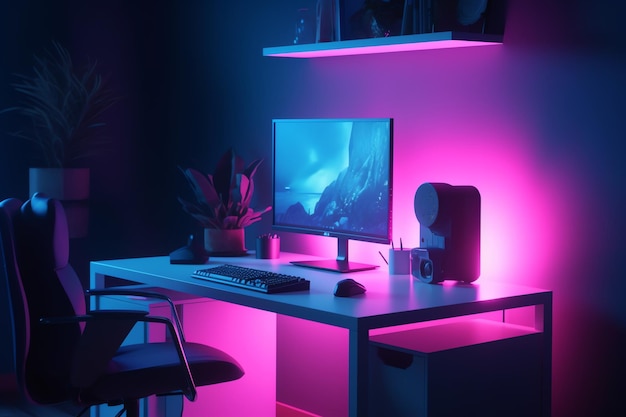 Un escritorio con un monitor y un altavoz.