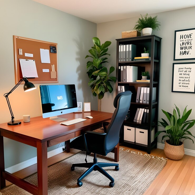 un escritorio con un monitor, un teclado y una imagen de una planta en él