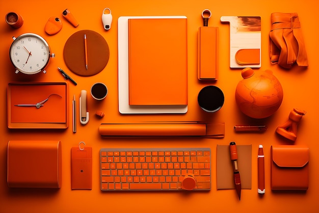 Escritorio monocromático naranja con papelería y portátil de planta plana con IA generativa