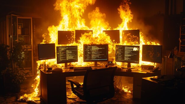 Un escritorio con múltiples monitores de computadora en llamas en una habitación oscura