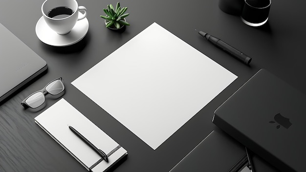 Foto un escritorio negro con una hoja blanca de papel una taza de café