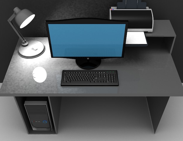 Escritorio de oficina en casa con lámpara, computadora e impresora. 3d rindió la ilustración