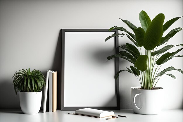 Escritorio de oficina en casa con una planta, libros, suministros de oficina, un marco de imagen en blanco o un póster y accesorios de escritorio