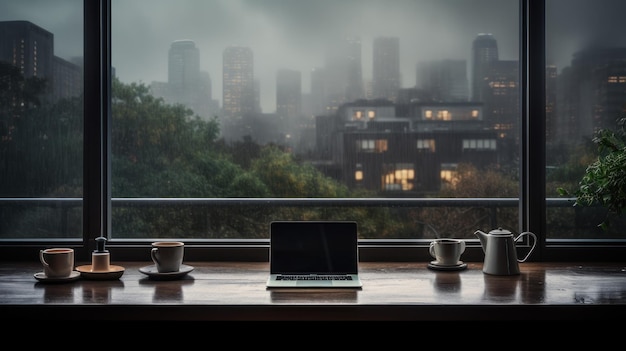 Un escritorio de oficina colocado junto a una gran ventana con gotas de lluvia y un cielo nublado