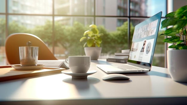 Escritorio de oficina con una computadora y una taza de café ambiente de trabajo IA generativa