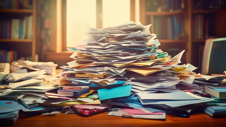 Escritorio de oficina desordenado con montones de papeles y documentos generativos ai