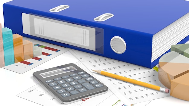 Escritorio de oficina con lápiz y papeles de calculadora de estadísticas de plantilla de carpeta