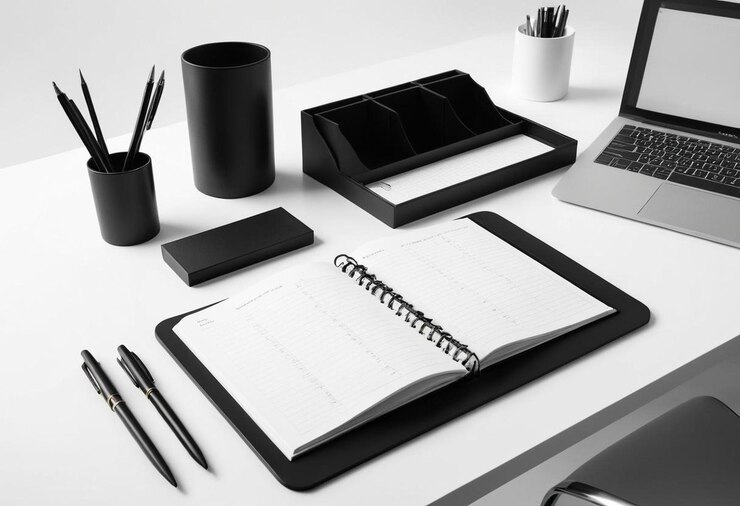 Escritorio de oficina minimalista en blanco y negro con un solo planificador un bolígrafo y un limpio desordenado