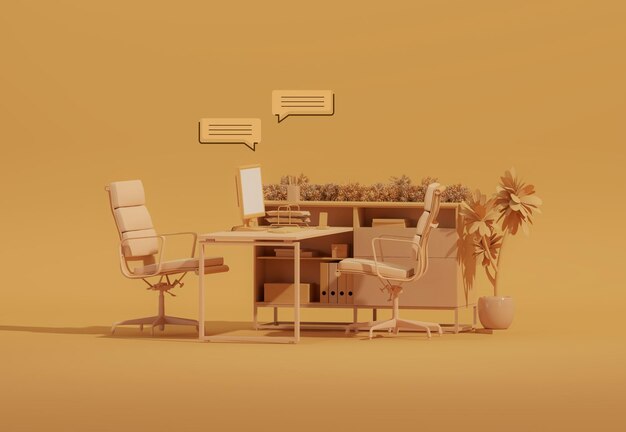 Escritorio de oficina mínimo con charla de burbujas en pastel marrón naranja color de tendencia 2025 lugar de trabajo elegante