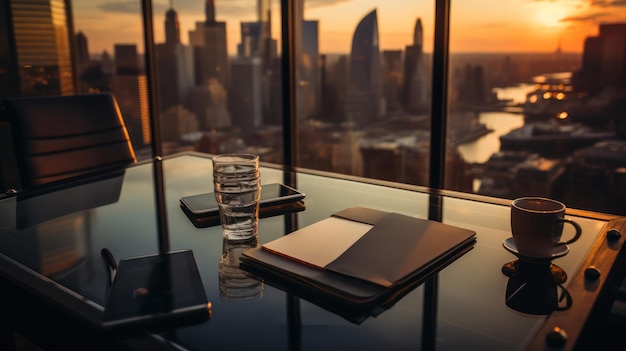 Escritorio en una oficina de rascacielos con vistas al atardecer del horizonte urbano Espacio de trabajo profesional con vista