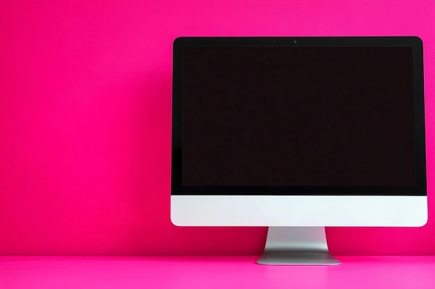 Un escritorio de oficina rosa con una computadora y una imagen de una computadora en la pared