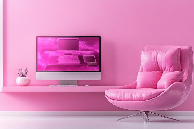 Un escritorio de oficina rosa con una computadora y una imagen de un reloj en él
