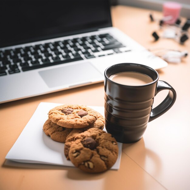 Escritorio de oficina con una taza de café y galletas